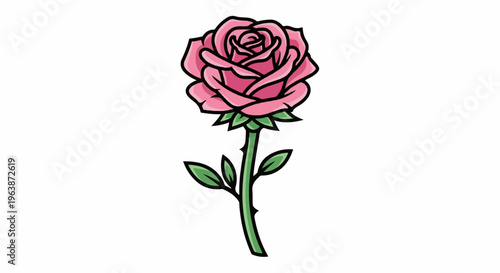 A single pink rose with a green stem, leaves, and thorns on a white background