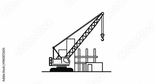 A stylized black and white illustration of a construction crane lifting materials at a building site