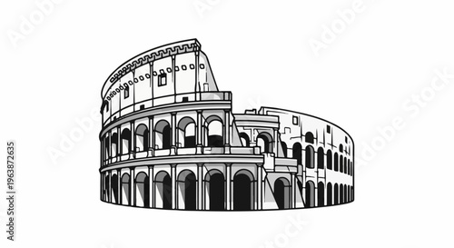 A stylized black and white illustration of a famous Roman amphitheater