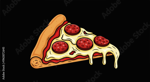 A single slice of pizza with pepperoni, cheese, and sauce drips on black