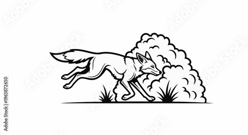 A stylized black and white illustration of a fox running through foliage