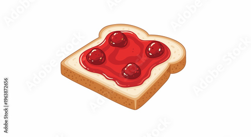 A single slice of toast topped with bright red jam and four whole berries