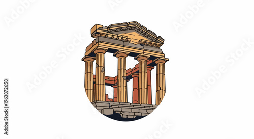 A circular illustration depicts a crumbling classical temple with columns