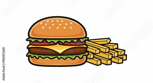 A layered burger sits beside a pile of golden french fries