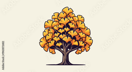 A single tree with vibrant, fan-shaped yellow leaves, depicted in a pixelated art style