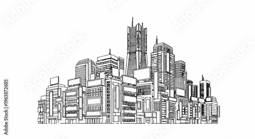 A stylized black and white sketch of a dense city skyline with varied buildings