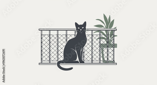A stylized black cat sits on a ledge in front of a trellis with a plant