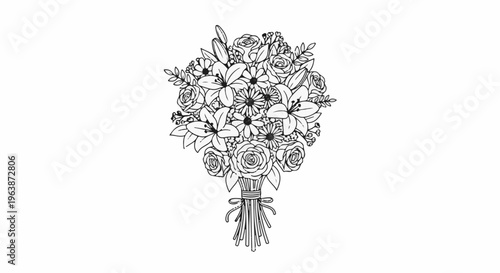 A line drawing of a bouquet featuring roses, lilies, and daisies