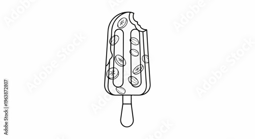 A line drawing of a bitten frozen treat with coffee beans embedded within it