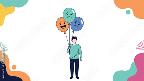 Young man holding three strings of balloons representing different facial expressions like happy, sad, and confused.