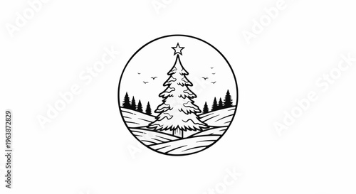 A circular graphic depicts a decorated evergreen tree with a star on top amidst a winter landscape