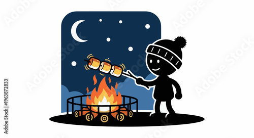 A stylized silhouette of a child in a hat roasting marshmallows over a campfire at night