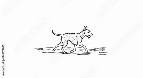 A sketched dog with shaggy fur trots along a wavy line