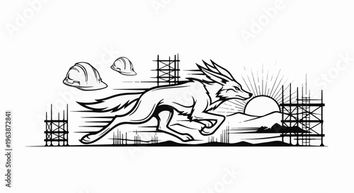 A stylized canine runs past construction sites under a rising sun