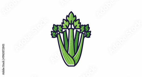A stylized bunch of green celery stalks with ruffled leaves on top