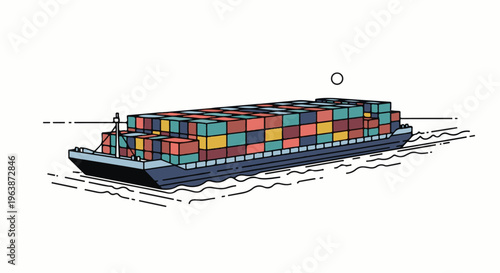A stylized cargo ship laden with colorful containers sails across the water