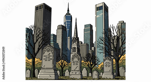 A city skyline with tombstones and bare trees in autumn