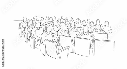A sketched audience sits in rows of chairs, facing forward