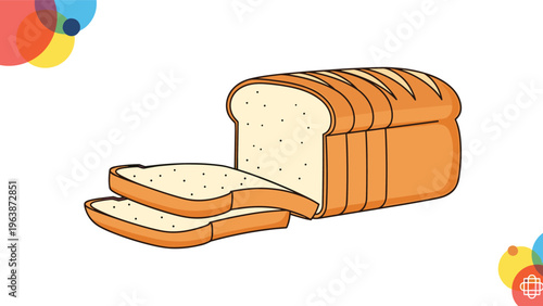 Freshly baked loaf of white bread with several slices cut and lying in front against a white background with colorful accents.