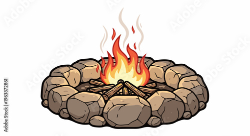 A stylized cartoon campfire is nestled within a circle of large, rough stones