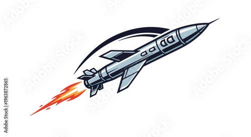 A stylized silver rocket streaks upward with fiery exhaust and a black arc