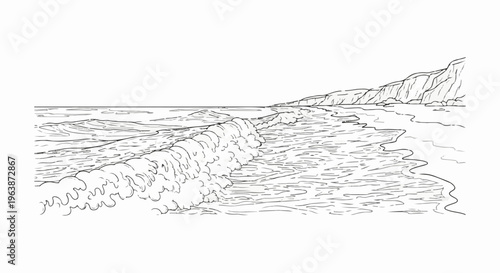 A line drawing of a crashing wave on a rocky shoreline