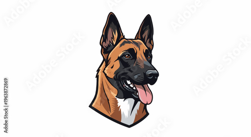 A stylized, cartoonish illustration of a Belgian Malinois dog's head with its tongue out