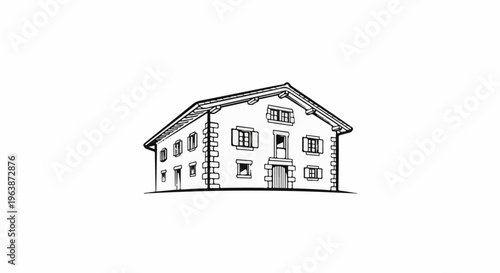 A line drawing of a detached house with multiple windows and a pitched roof