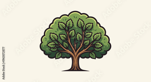 A stylized cartoon of a green leafy tree with brown branches and trunk