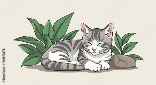 A cute tabby cat rests peacefully amidst green plants and a smooth stone