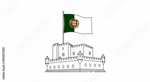 A line drawing of a fort with a national flag flying above it