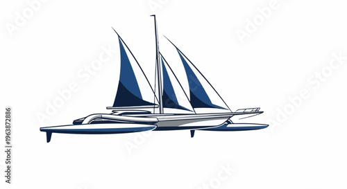 A sleek, multi-hulled sailing vessel with blue sails glides across open water