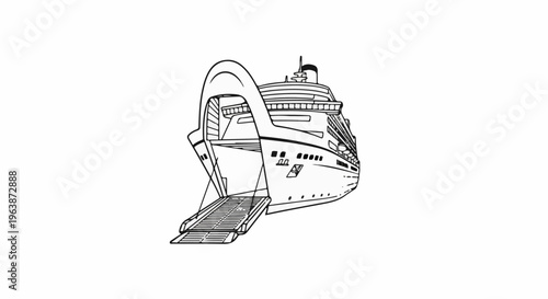 A line drawing of a large passenger ferry with its ramp down