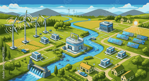 A clean energy landscape with wind turbines, solar panels, and hydro dam