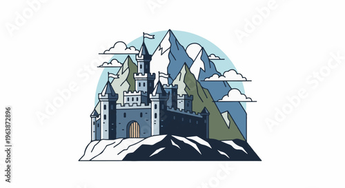 A stylized stone castle with towers sits atop a snow-capped mountain