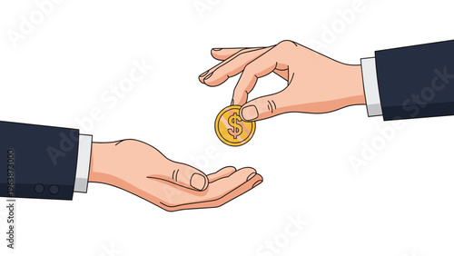 Business hand dropping a gold dollar coin into an open receiving hand representing payment or financial charity.
