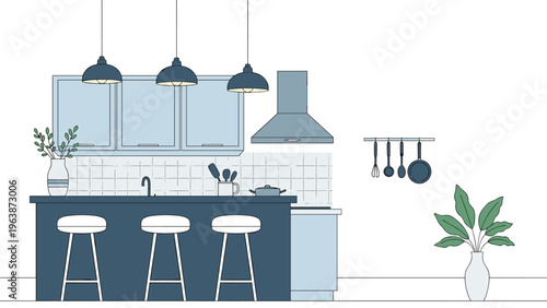 Modern kitchen interior design with dark blue island stools and stylish pendant lighting fixtures in a clean room.