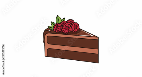 A slice of rich chocolate cake topped with fresh raspberries and green leaves