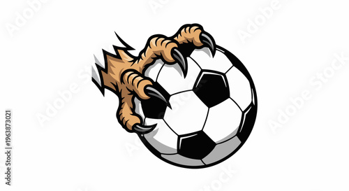 A clawed bird's foot grips a soccer ball, with stylized feather elements