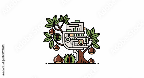 A stylized tree with mechanical components, bearing nuts and green leaves