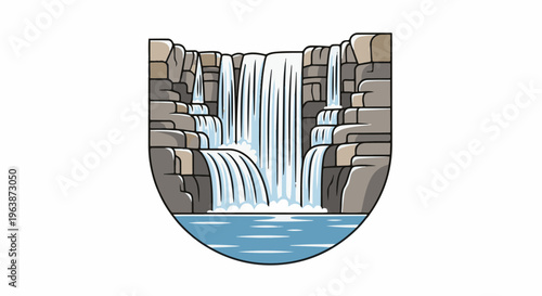 A stylized waterfall cascades down layered rock into a serene blue pool below