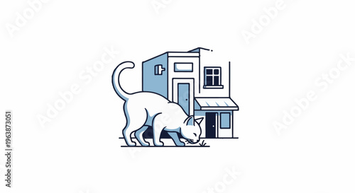 A stylized white cat sniffs grass near a blue and white building