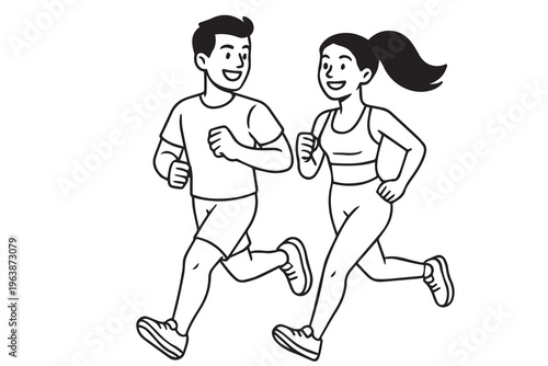 A cute cartoon vector of a happy man and woman jogging together in the morning, showing a healthy lifestyle, fresh energy, and a cheerful fitness routine in a bright style.