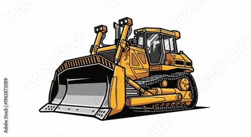 A stylized yellow bulldozer with a large silver blade and tracks