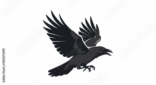 A stylized dark bird with open wings soars against a white background