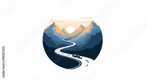 A winding road leads a car through a mountain valley at sunset