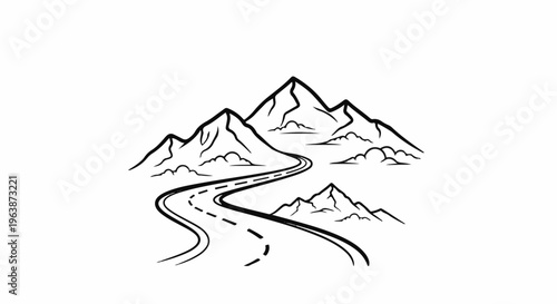A winding road leads through dramatic mountain peaks and soft clouds