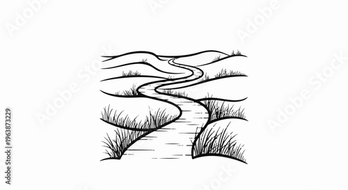 A winding, stylized path meanders through rolling hills with tufts of grass