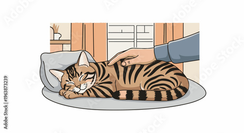 A tabby cat peacefully sleeps on a pillow while being gently petted