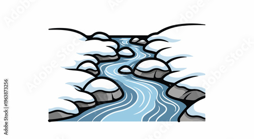 A winter stream flows through snow-covered rocks